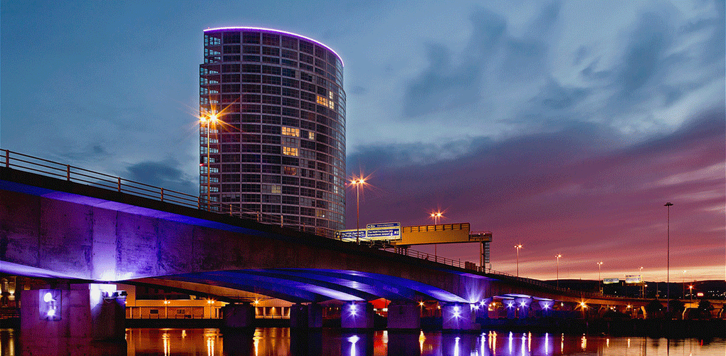 Obel Building Belfast at dusk.